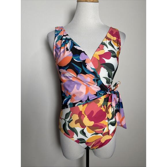 Hermoza One Piece Swimsuit Size 6 Colorful Floral Wrap Style Full Coverage NWT - Picture 1 of 6